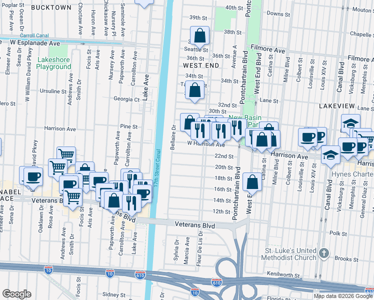 map of restaurants, bars, coffee shops, grocery stores, and more near 339 West Harrison Avenue in New Orleans