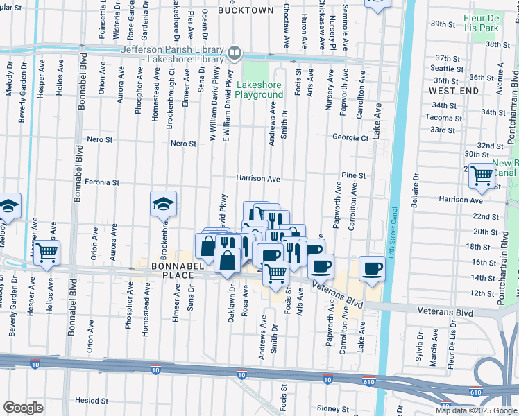 map of restaurants, bars, coffee shops, grocery stores, and more near 883 Martin Behrman Avenue in Metairie