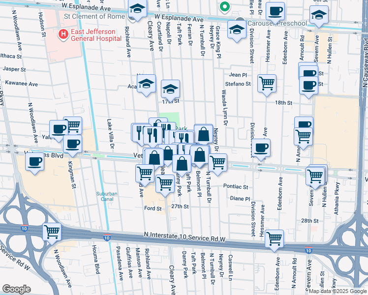 map of restaurants, bars, coffee shops, grocery stores, and more near 3400 Neyrey Drive in Metairie
