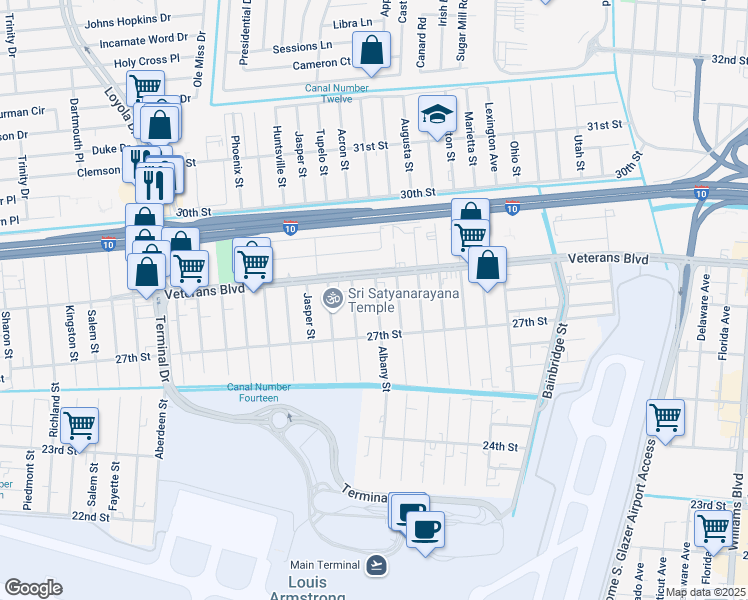 map of restaurants, bars, coffee shops, grocery stores, and more near 2768 Albany Street in Kenner