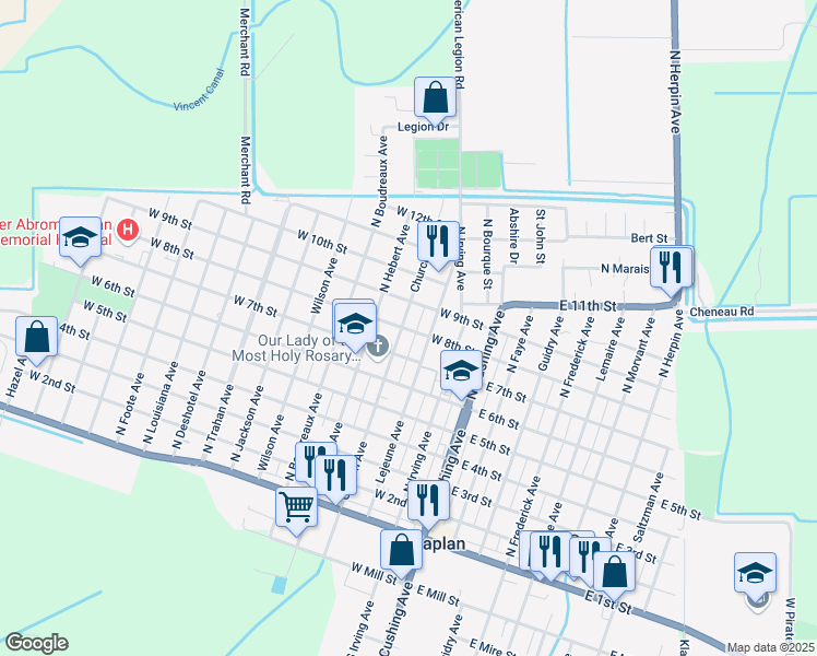 map of restaurants, bars, coffee shops, grocery stores, and more near 801 Church Avenue in Kaplan
