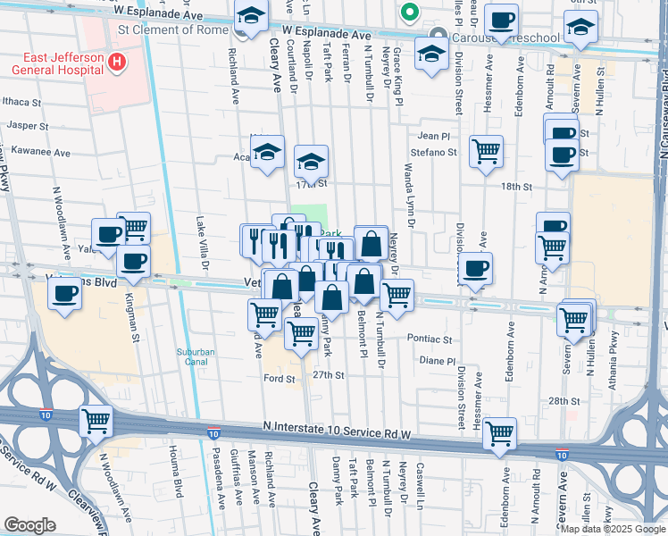 map of restaurants, bars, coffee shops, grocery stores, and more near 3400 Neyrey Drive in Metairie