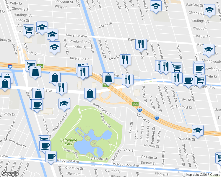 map of restaurants, bars, coffee shops, grocery stores, and more near 6687 Veterans Memorial Boulevard in Metairie