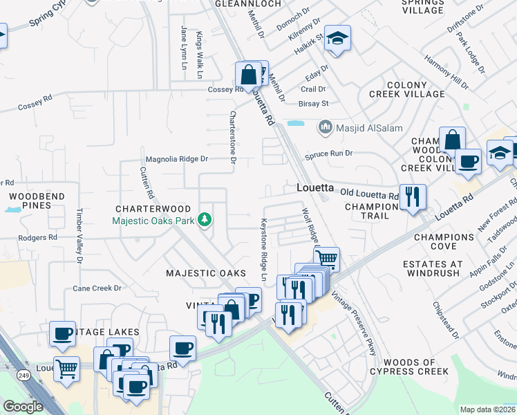 map of restaurants, bars, coffee shops, grocery stores, and more near 9230 Silverton Star Lane in Houston