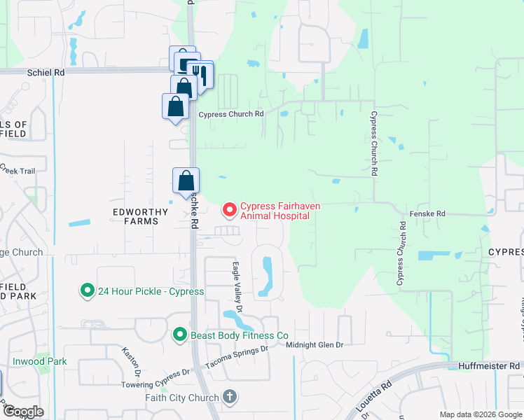 map of restaurants, bars, coffee shops, grocery stores, and more near 19622 Whitehaven Meadow Trail in Cypress