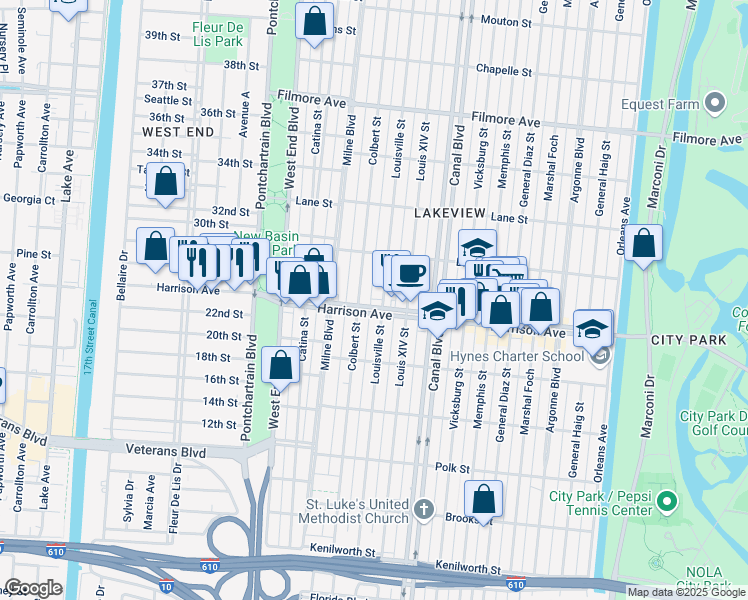 map of restaurants, bars, coffee shops, grocery stores, and more near 6339 Colbert Street in New Orleans