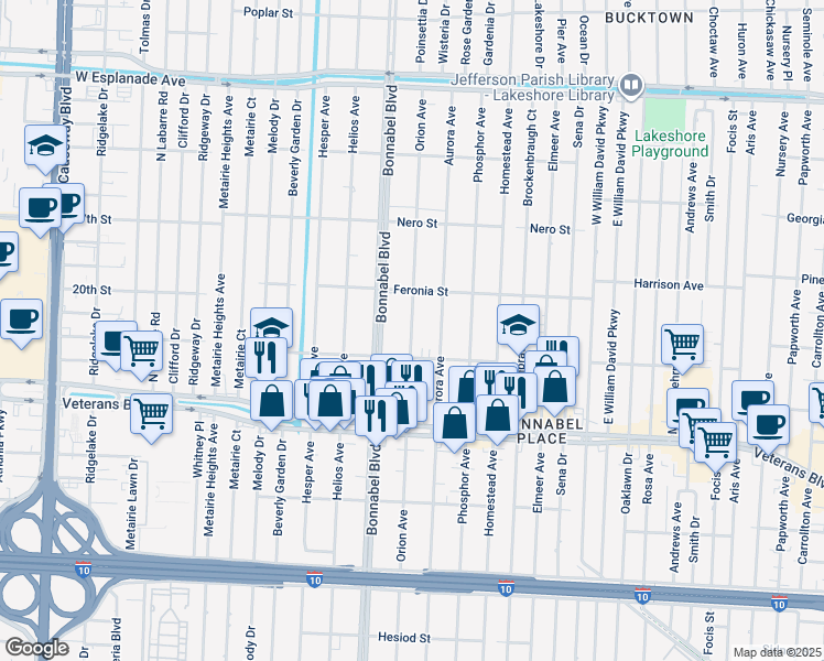 map of restaurants, bars, coffee shops, grocery stores, and more near 941 Orion Avenue in Metairie