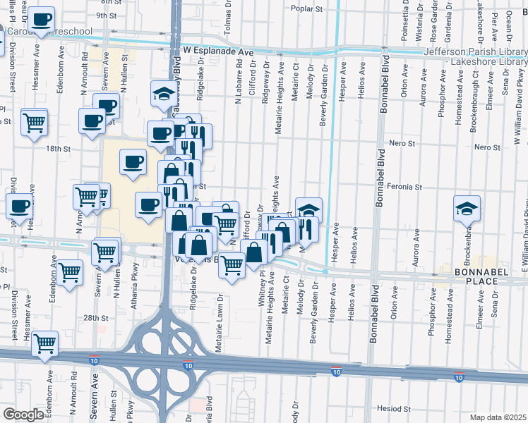 map of restaurants, bars, coffee shops, grocery stores, and more near 3017 Clifford Drive in Metairie