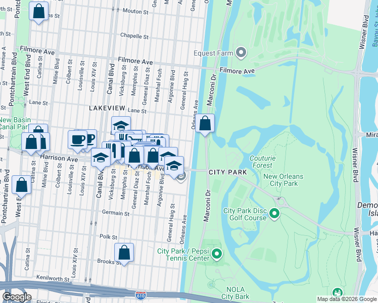map of restaurants, bars, coffee shops, grocery stores, and more near 994 Bragg Street in New Orleans