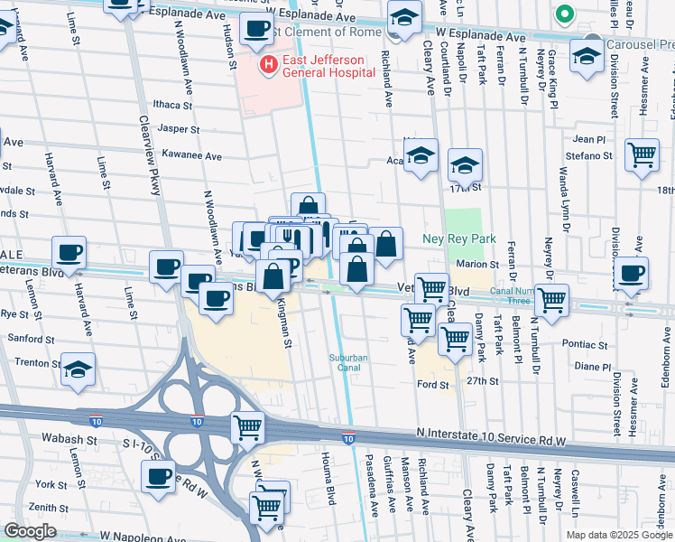 map of restaurants, bars, coffee shops, grocery stores, and more near 4201 Veterans Memorial Boulevard in Metairie