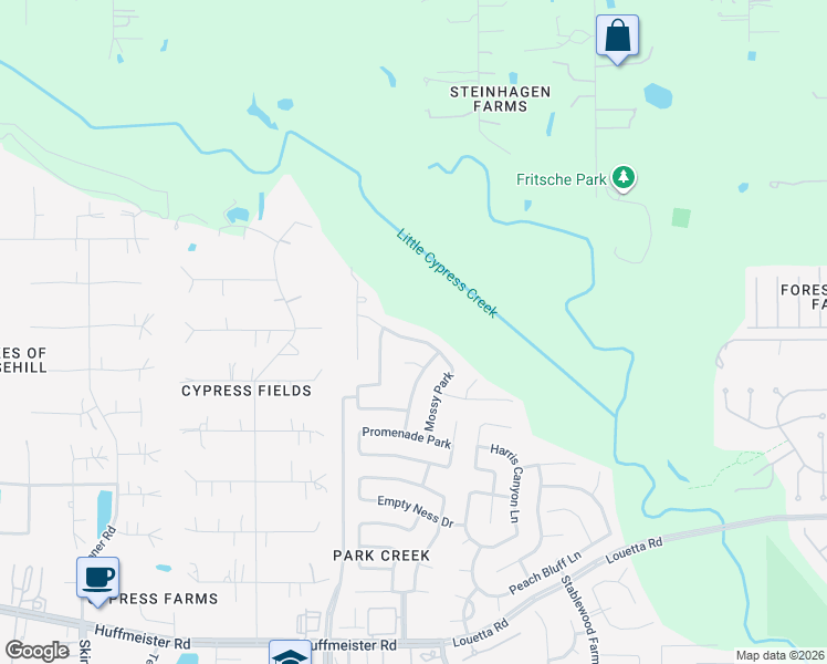 map of restaurants, bars, coffee shops, grocery stores, and more near 16846 Ranger Ridge in Cypress