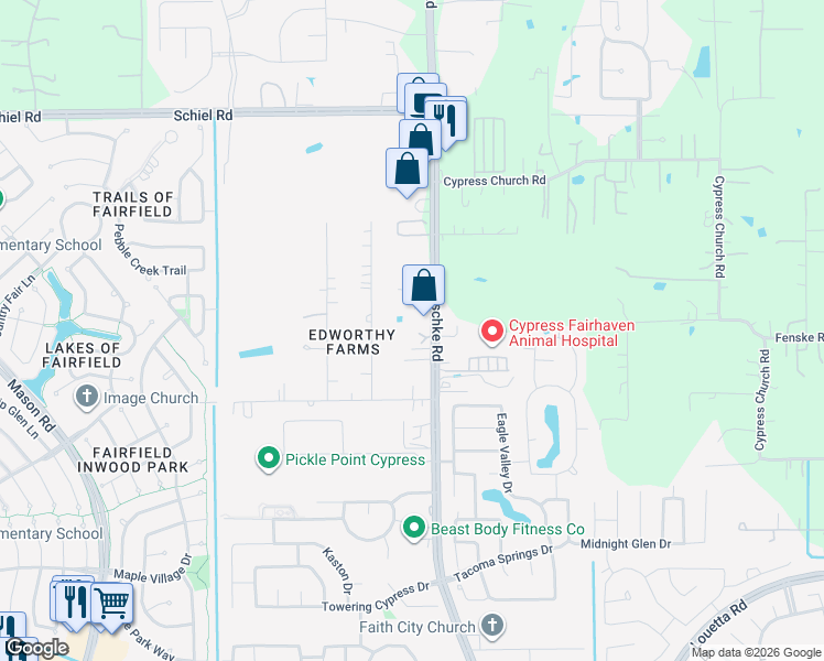 map of restaurants, bars, coffee shops, grocery stores, and more near 15855 Mueschke Road in Cypress