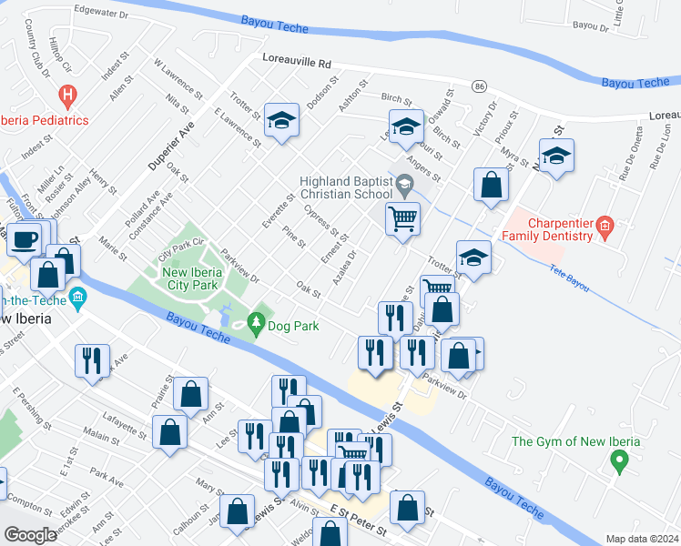 map of restaurants, bars, coffee shops, grocery stores, and more near 398 Azalea Drive in New Iberia
