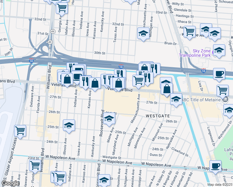 map of restaurants, bars, coffee shops, grocery stores, and more near 2701 Veterans Memorial Boulevard in Kenner