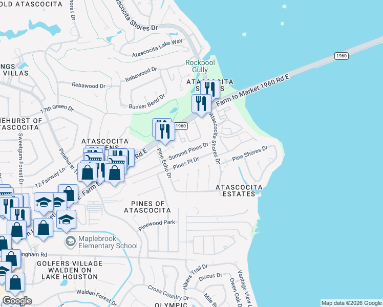 map of restaurants, bars, coffee shops, grocery stores, and more near 8719 Summit Pines Drive in Humble