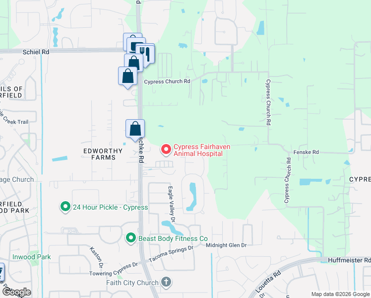 map of restaurants, bars, coffee shops, grocery stores, and more near 19622 Whitehaven Meadow Trail in Harris County