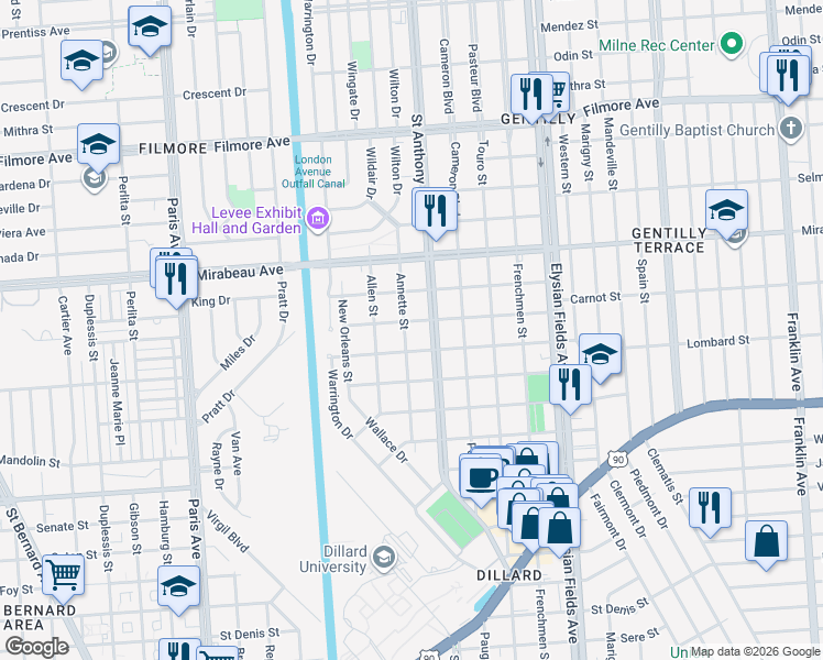 map of restaurants, bars, coffee shops, grocery stores, and more near 4714 Annette Street in New Orleans