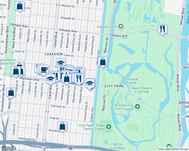 map of restaurants, bars, coffee shops, grocery stores, and more near 994 Bragg Street in New Orleans