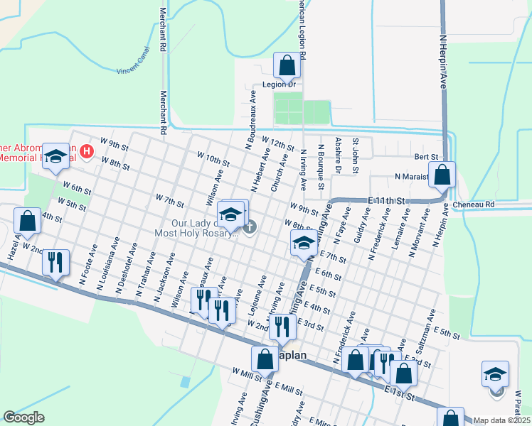 map of restaurants, bars, coffee shops, grocery stores, and more near 801-899 Church Avenue in Kaplan