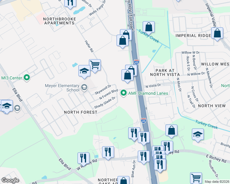 map of restaurants, bars, coffee shops, grocery stores, and more near 302 North Forest Boulevard in Houston