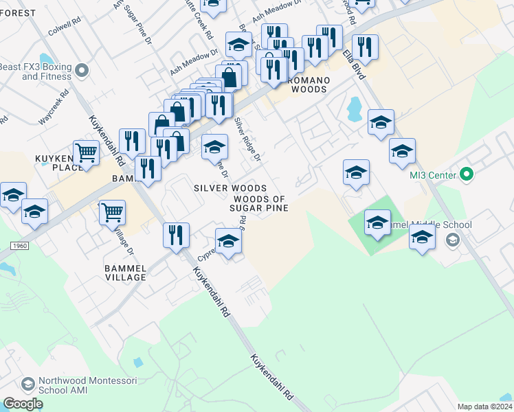 map of restaurants, bars, coffee shops, grocery stores, and more near 1938 Sugar Pine Circle in Houston