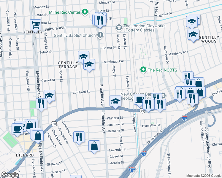 map of restaurants, bars, coffee shops, grocery stores, and more near 4629 Demontluzin Street in New Orleans