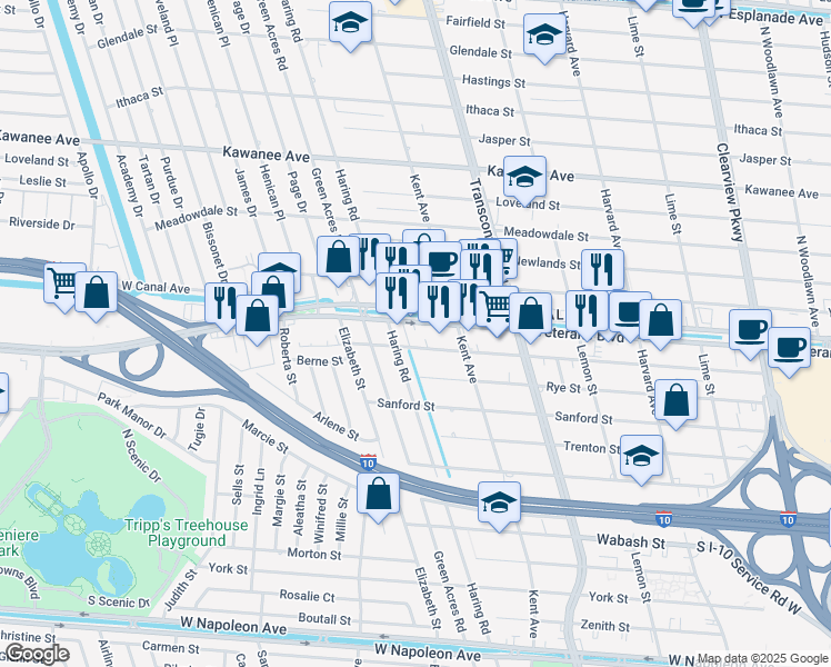 map of restaurants, bars, coffee shops, grocery stores, and more near 5258 Veterans Boulevard in Metairie
