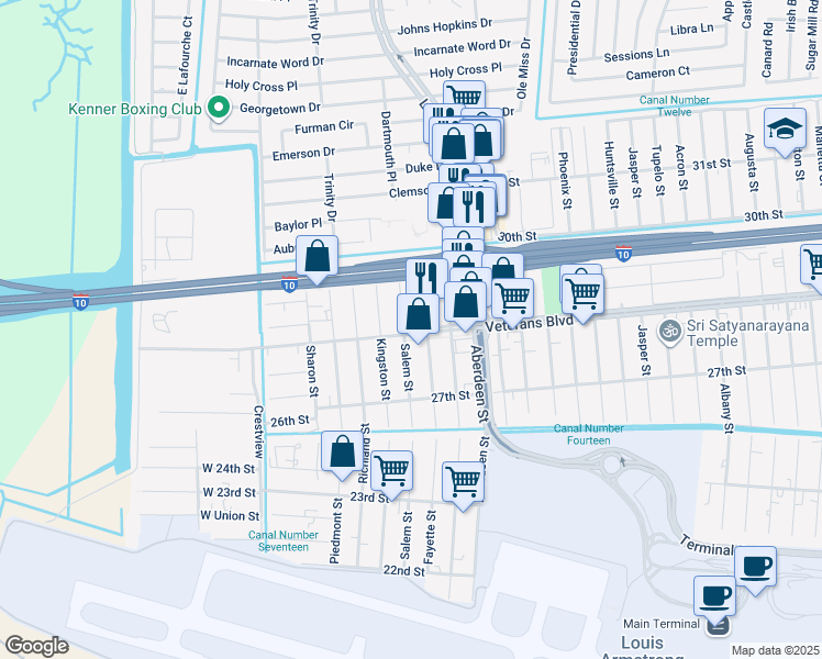 map of restaurants, bars, coffee shops, grocery stores, and more near 2831 Fayette Street in Kenner