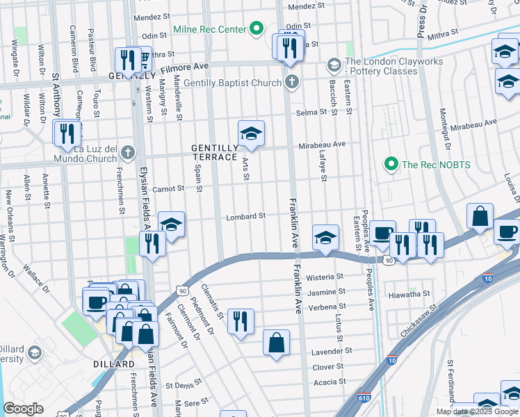 map of restaurants, bars, coffee shops, grocery stores, and more near 4644 Painters Street in New Orleans