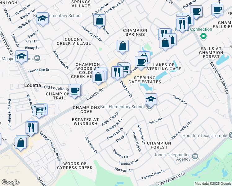 map of restaurants, bars, coffee shops, grocery stores, and more near 9210 Louetta Road in Spring