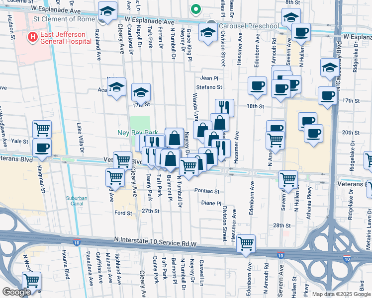 map of restaurants, bars, coffee shops, grocery stores, and more near 3400 Neyrey Drive in Metairie