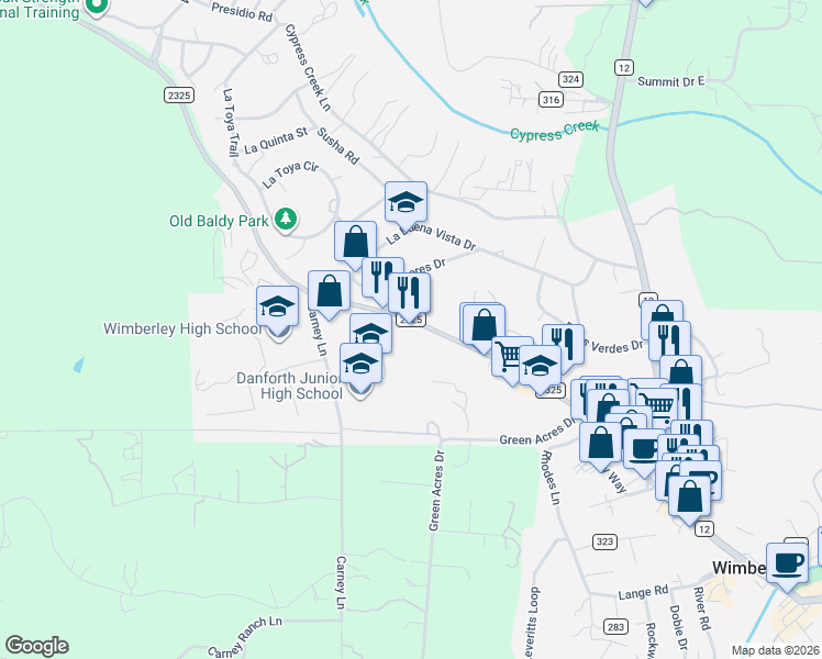 map of restaurants, bars, coffee shops, grocery stores, and more near 801 Farm to Market Road 2325 in Wimberley