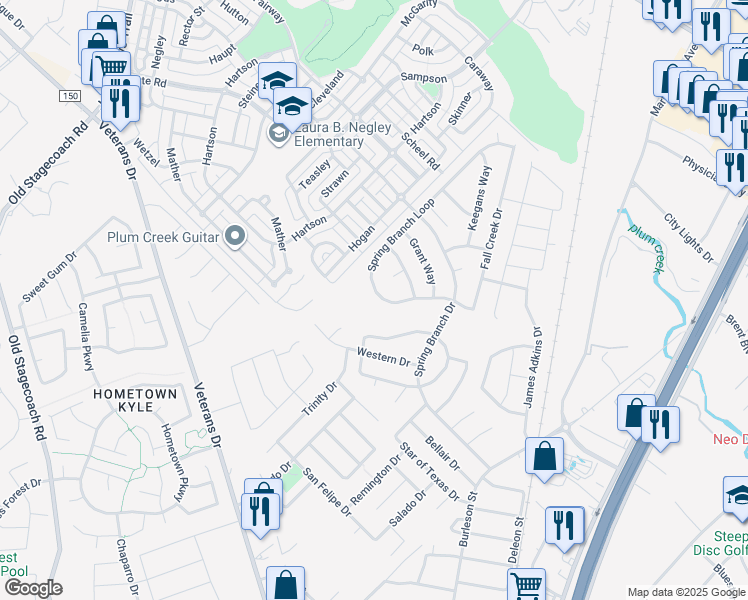 map of restaurants, bars, coffee shops, grocery stores, and more near 161 Spring Branch Loop in Kyle