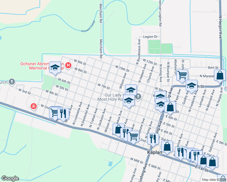 map of restaurants, bars, coffee shops, grocery stores, and more near 701-799 North Jackson Avenue in Kaplan