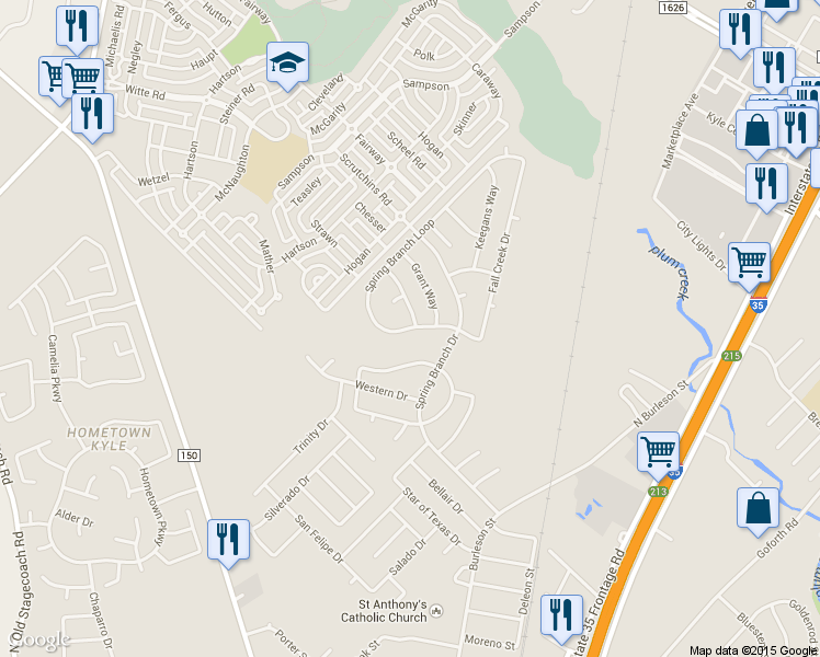 map of restaurants, bars, coffee shops, grocery stores, and more near 253 Spring Branch Loop in Kyle