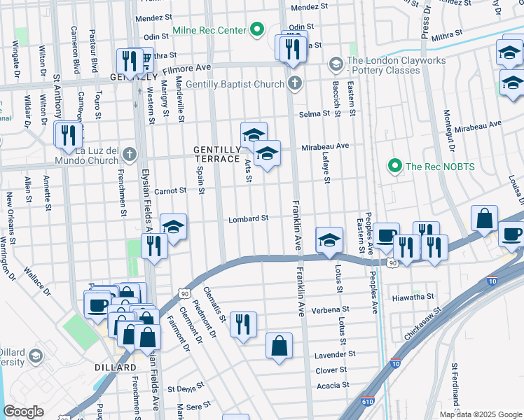 map of restaurants, bars, coffee shops, grocery stores, and more near 4644 Painters Street in New Orleans