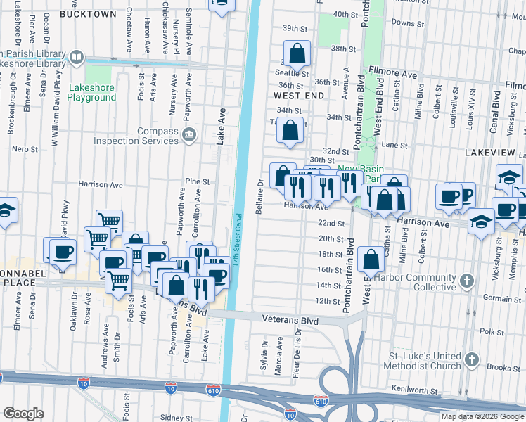 map of restaurants, bars, coffee shops, grocery stores, and more near 6290 Bellaire Drive in New Orleans