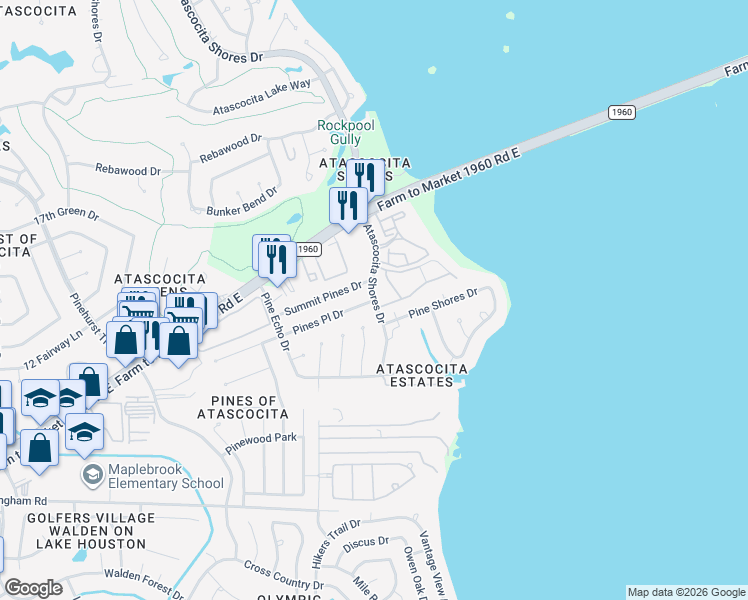 map of restaurants, bars, coffee shops, grocery stores, and more near 19805 Atascocita Shores Drive in Humble