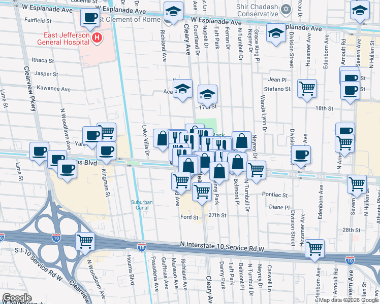 map of restaurants, bars, coffee shops, grocery stores, and more near 3401 Cleary Avenue in Metairie