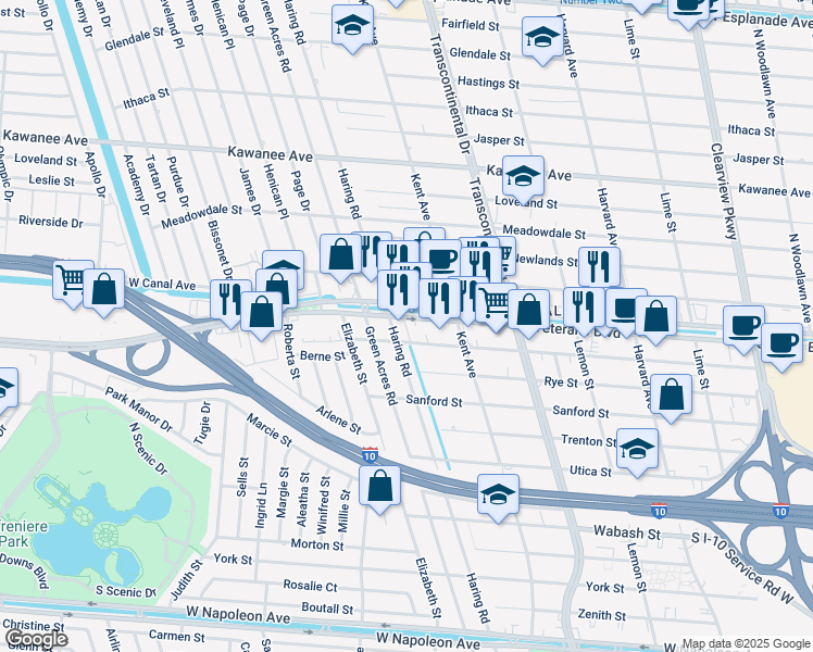 map of restaurants, bars, coffee shops, grocery stores, and more near 5258 Veterans Boulevard in Metairie