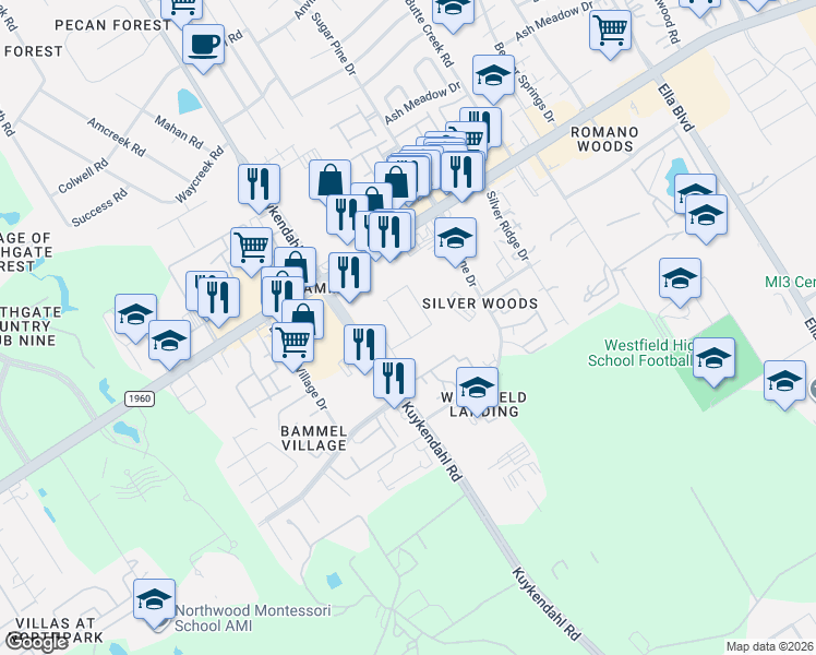 map of restaurants, bars, coffee shops, grocery stores, and more near 15650 Kuykendahl Road in Houston
