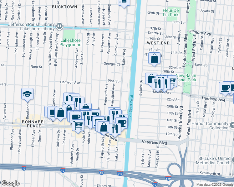 map of restaurants, bars, coffee shops, grocery stores, and more near 221 London Avenue in Metairie
