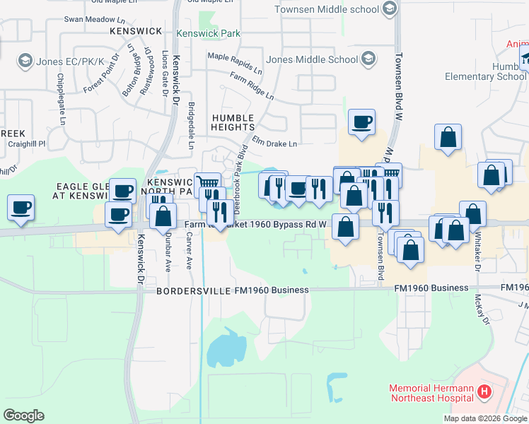 map of restaurants, bars, coffee shops, grocery stores, and more near 9225 Farm to Market 1960 Bypass Road West in Humble