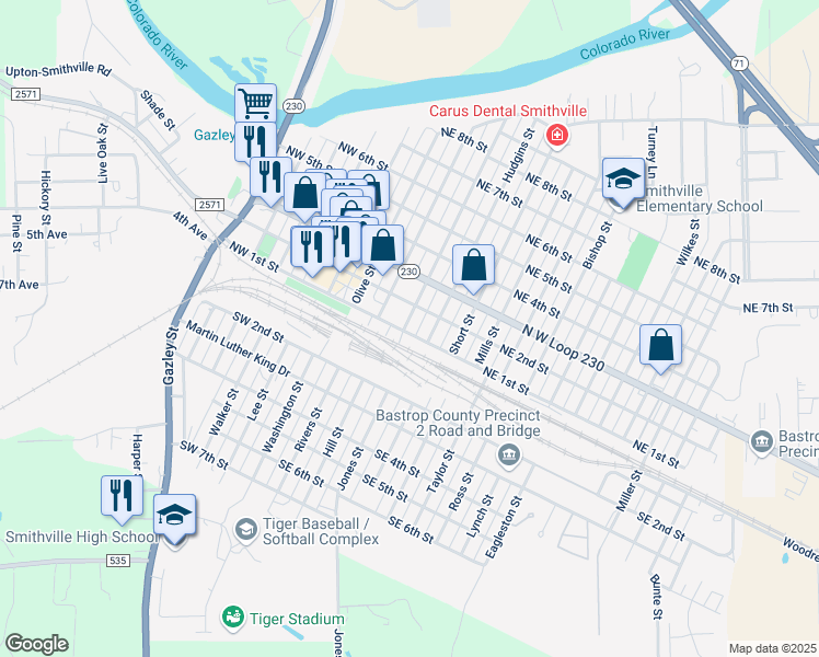 map of restaurants, bars, coffee shops, grocery stores, and more near 305 Northeast 1st Street in Smithville
