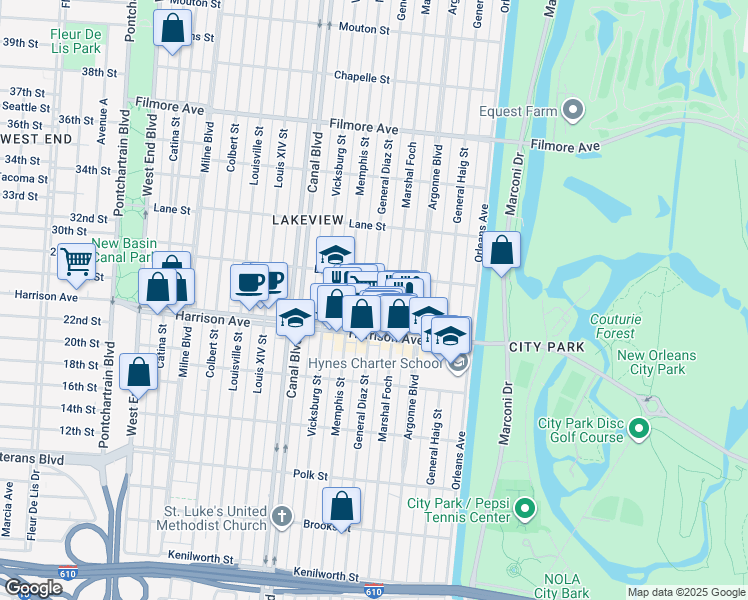 map of restaurants, bars, coffee shops, grocery stores, and more near 6384 General Diaz Street in New Orleans