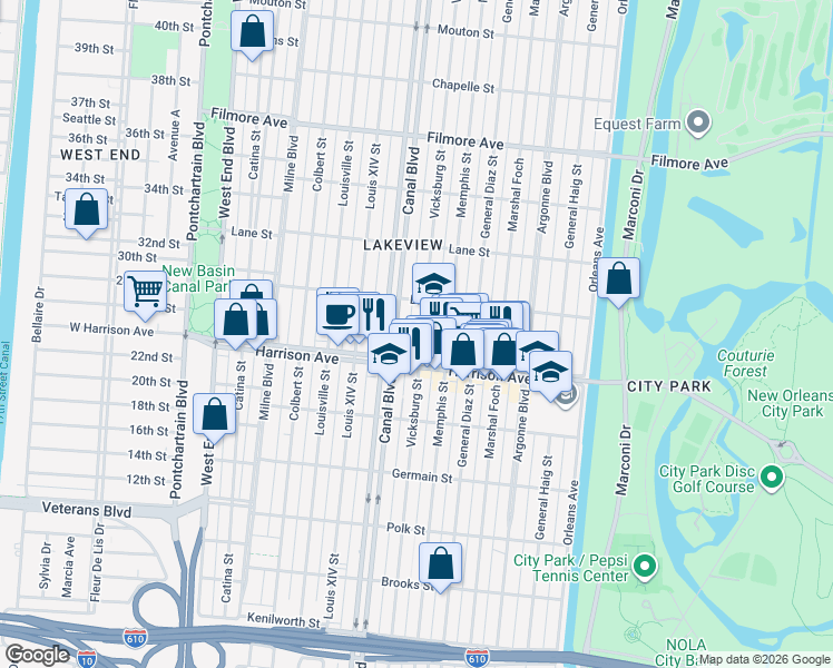 map of restaurants, bars, coffee shops, grocery stores, and more near 6366 Vicksburg Street in New Orleans
