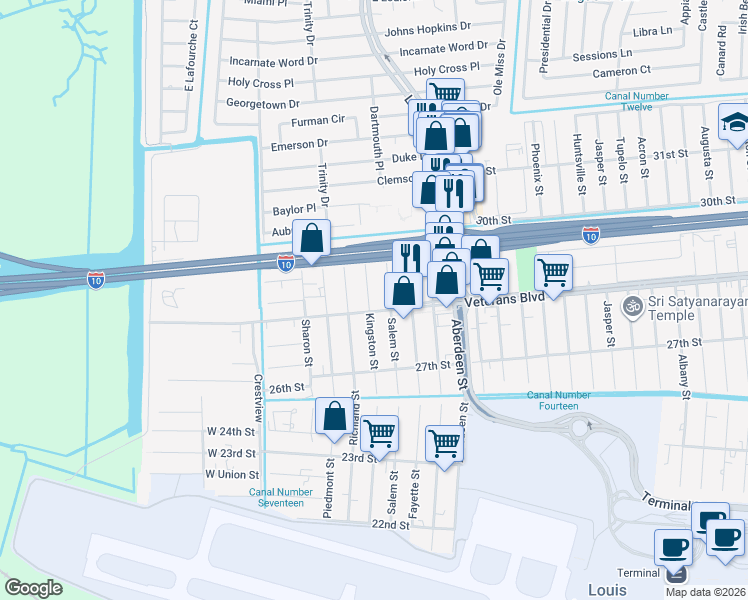 map of restaurants, bars, coffee shops, grocery stores, and more near 2816 Kingston Street in Kenner