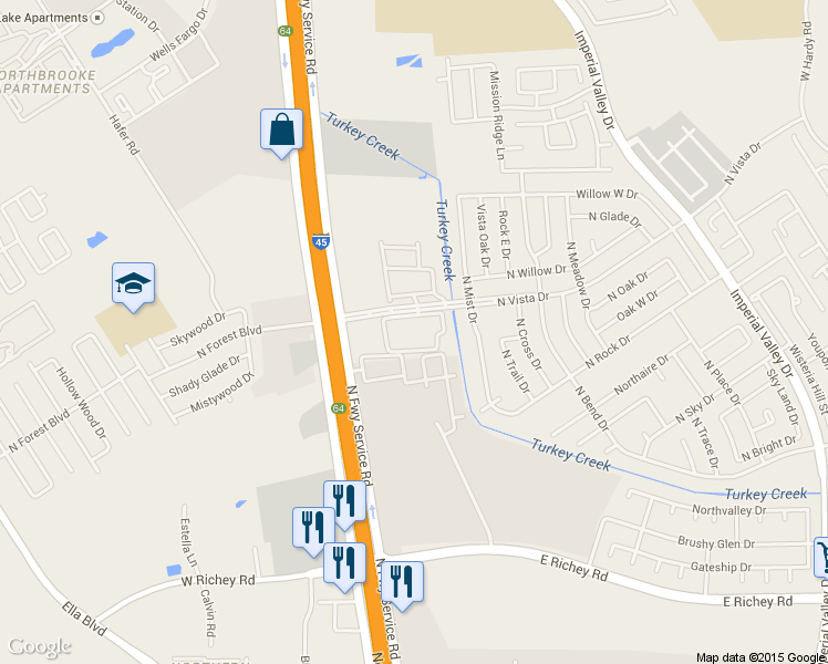 map of restaurants, bars, coffee shops, grocery stores, and more near 19 North Vista Drive in Houston