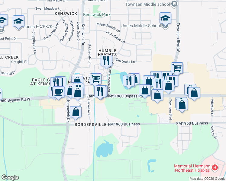 map of restaurants, bars, coffee shops, grocery stores, and more near 8811 Farm to Market 1960 in Humble
