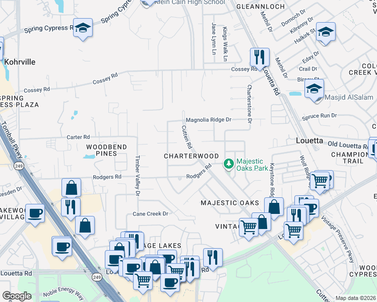 map of restaurants, bars, coffee shops, grocery stores, and more near 16231 Cutten Road in Houston